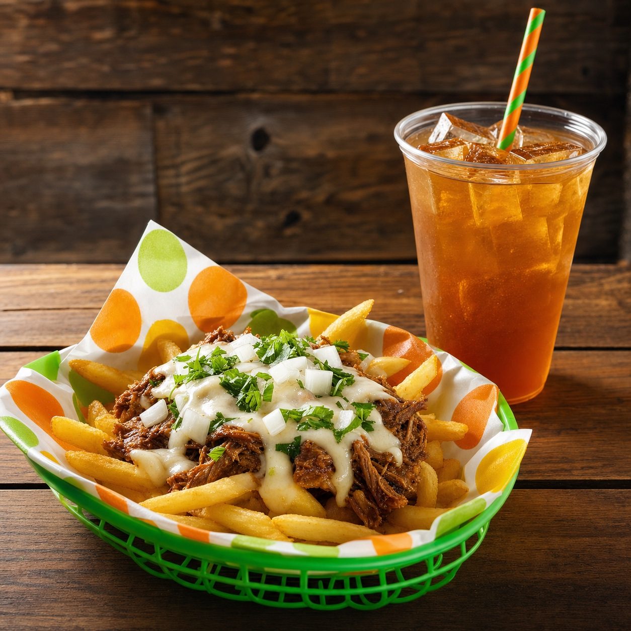 Loaded birria fries with braised beef, cheese, and consomé