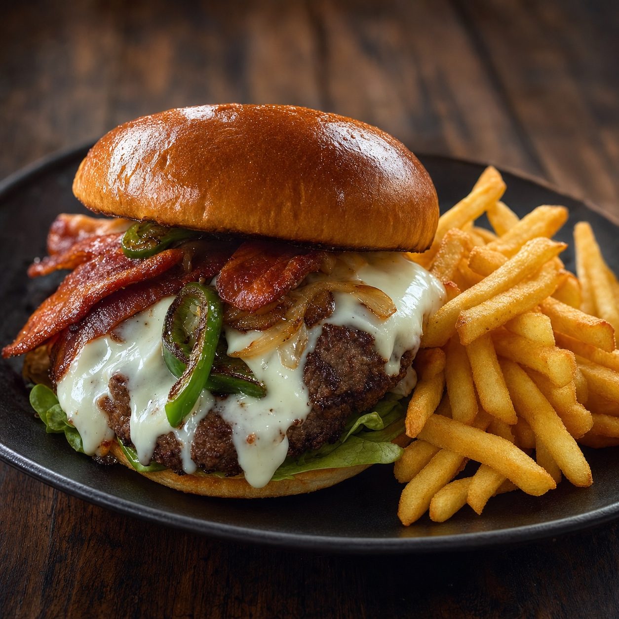 Bacon cheeseburger with seasoned fries from the Guat-A-Taco food truck
