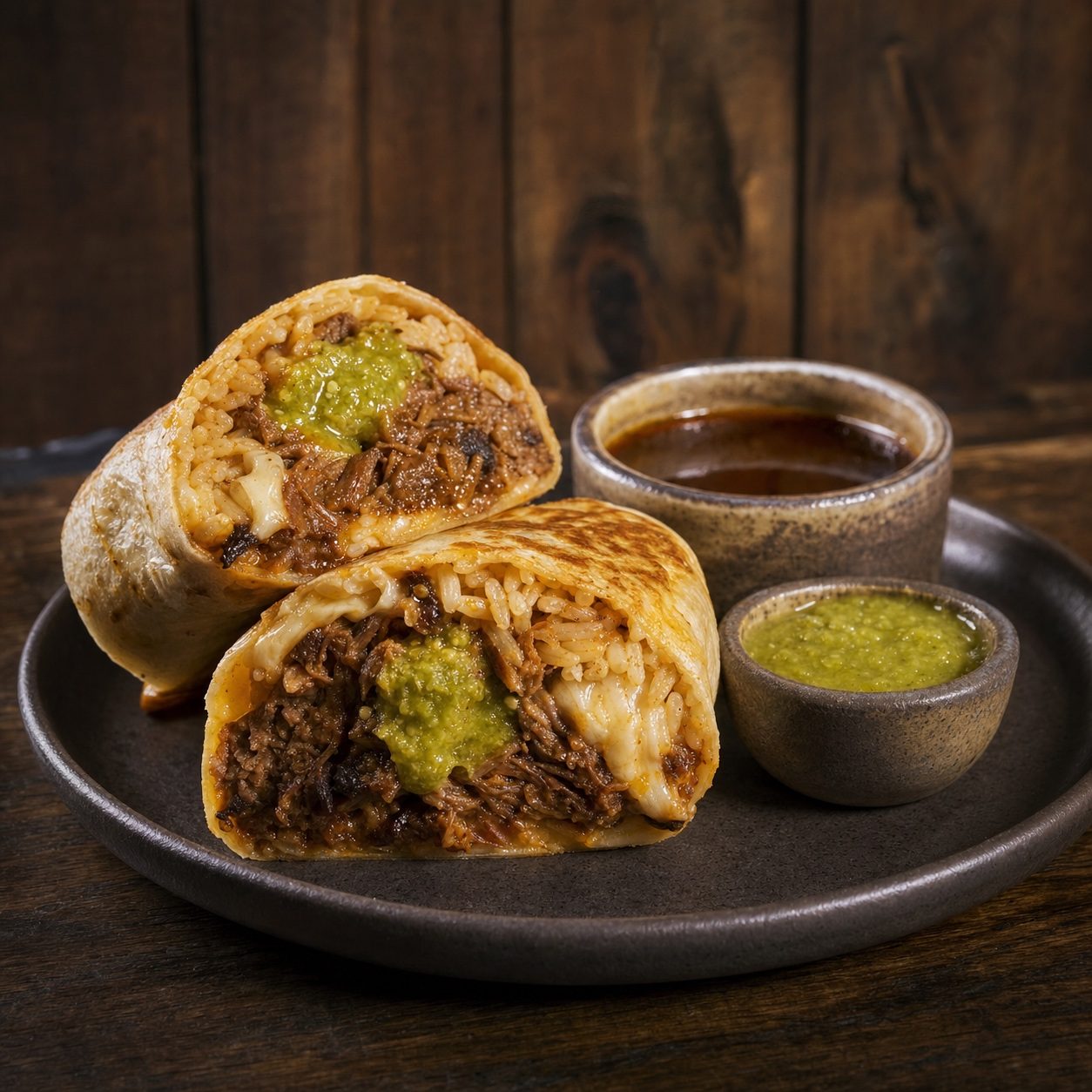 Birria burrito with consomé and salsa verde on the side
