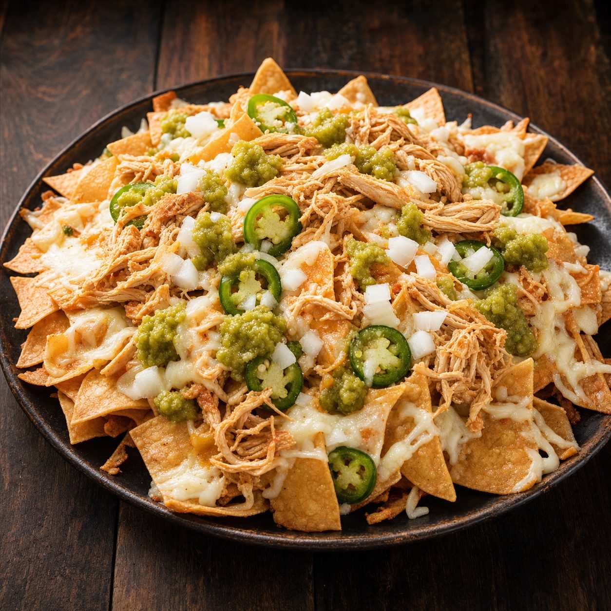 Loaded nachos with chicken, jalapeños, and queso from Guat-A-Taco
