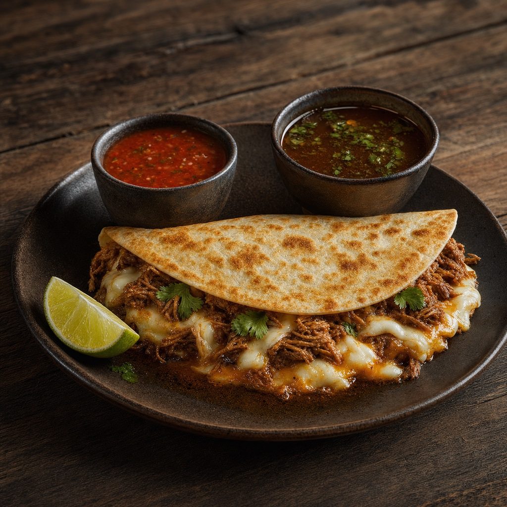Birria quesadilla with consomé dipping cup at Guat-A-Taco food truck