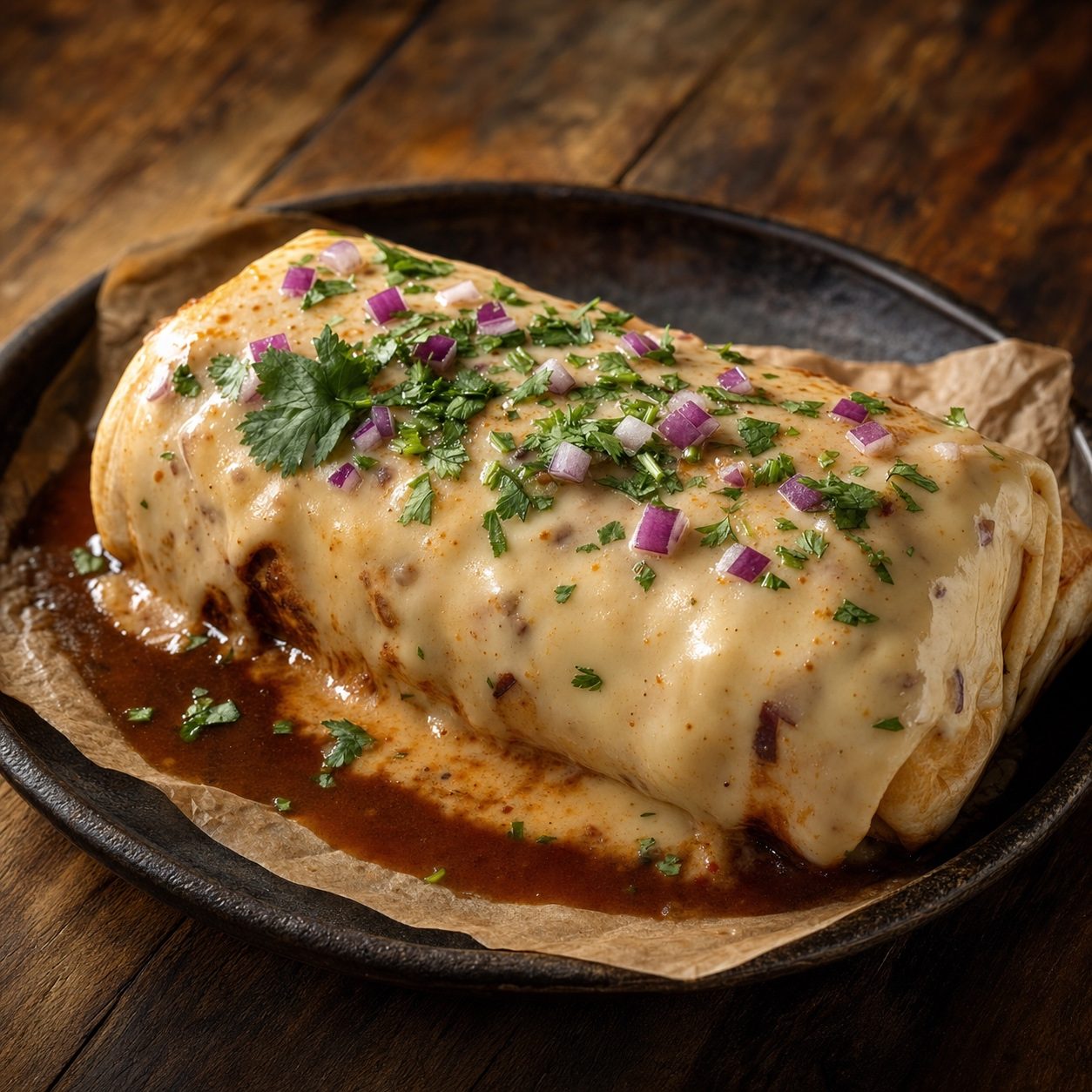 Wet burrito smothered in melted cheese sauce and salsa